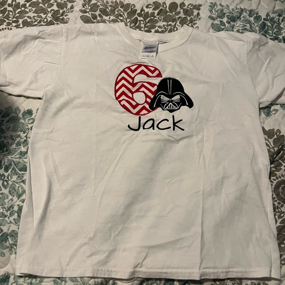 Gildan White Kids Tee with Red Pattern and Character Design